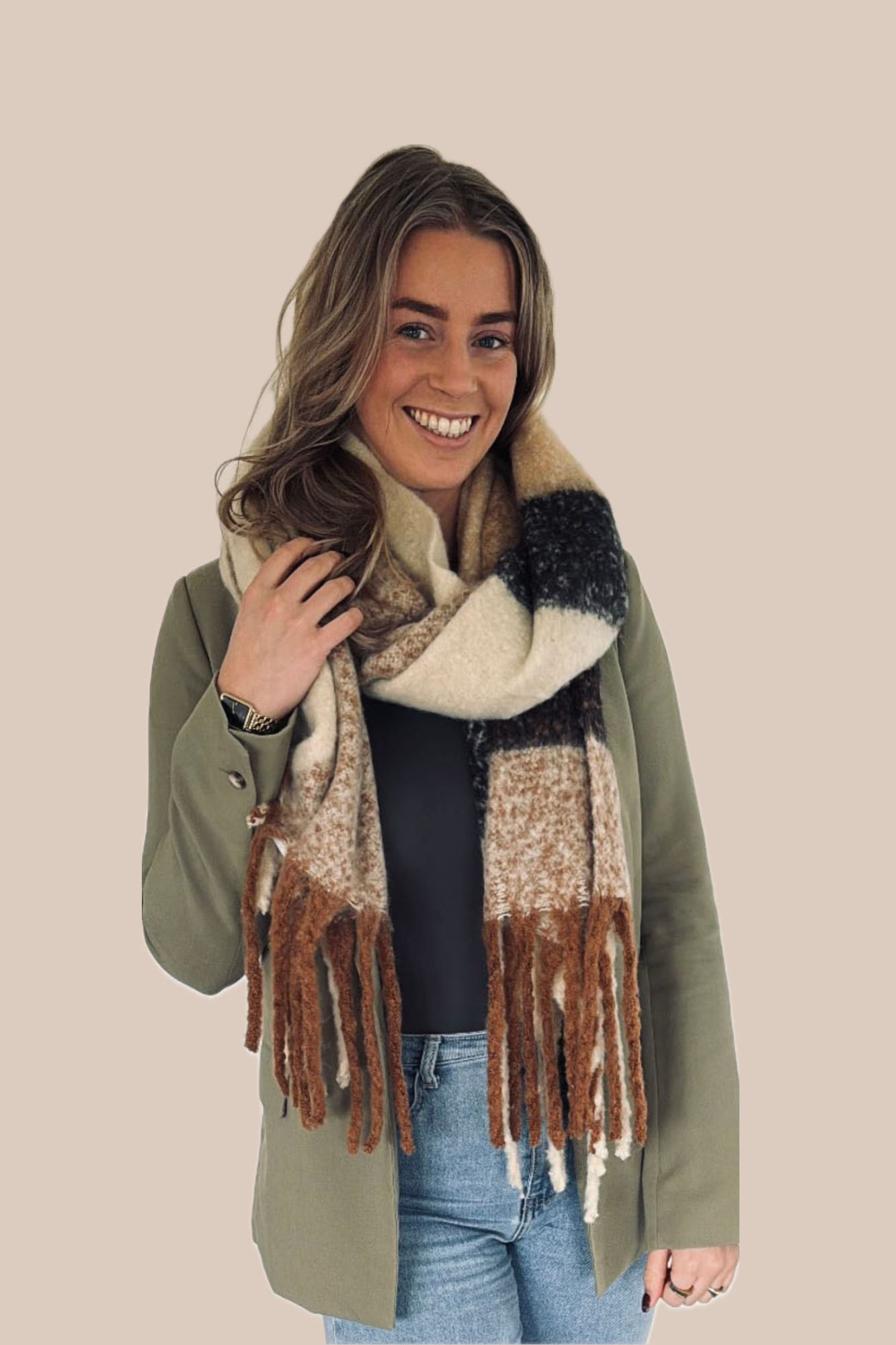 Sjaal - Beige/Zwart/Bruin